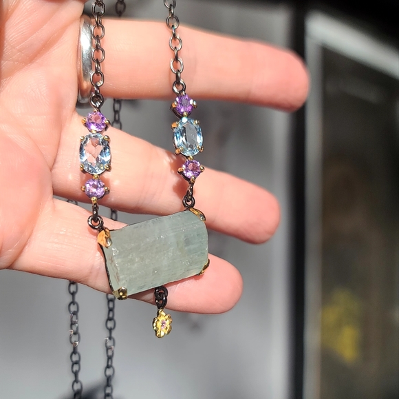 Aquamarine RAW 14k Amethyst &Topaz Sterling rhodium & gold necklace 18" - Picture 7 of 10